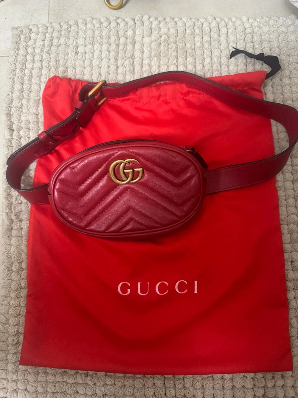 Gucci Red Chevron Quilted GG Leather Belt Bag